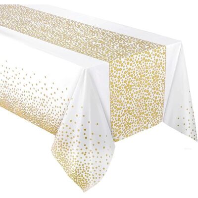 OEM Lot De 4 137x274cm Nappes De Fête Imperméable, Blanc Nappe De Table Réutilisable, Nappe À Pois Dorés, Couverture De Table, Rectangulaire Nappe En Plastique Pour Mariage Anniversaires Noël - Publicité OEM Lot De 4 137x274cm Nappes De Fête Imperméable, Blanc Nappe De Table Réutilisable, Nappe À Pois Dorés, Couverture De Table, Rectangulaire Nappe En Plastique Pour Mariage Anniversaires Noël - Publicité