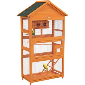 PawHut Cage à oiseaux volière grande taille 2 portes trappe toit asphalte tiroir amovible bois pré-huilé - Orange - Publicité