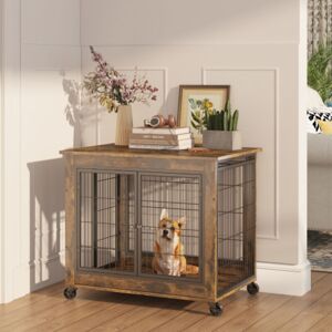 DURONIC Cage Pour Chien Style Meuble, Table En Bois Avec Double Porte, Niche Pour Chien D'Intérieur Avec Toit Rabattable, Roulettes Pour Faciliter Le Déplacement, Marron, 80x56x69.5 Cm - Publicité DURONIC Cage Pour Chien Style Meuble, Table En Bois Avec Double Porte, Niche Pour Chien D'Intérieur Avec Toit Rabattable, Roulettes Pour Faciliter Le Déplacement, Marron, 80x56x69.5 Cm - Publicité