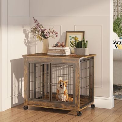 ACKERMAN Cage Pour Chien Style Meuble, Table Niche En Bois À Double Porte, Niche Pour Chien D'Intérieur Avec Toit Ouvrant, Avec Roulettes Pour Une Mobilité Facile, Brun Vintage, 805669,5cm - Publicité ACKERMAN Cage Pour Chien Style Meuble, Table Niche En Bois À Double Porte, Niche Pour Chien D'Intérieur Avec Toit Ouvrant, Avec Roulettes Pour Une Mobilité Facile, Brun Vintage, 805669,5cm - Publicité