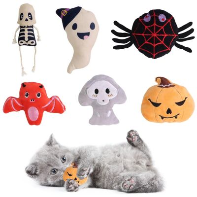 KAJFJAD Ensemble De 6 Jouets Interactifs En Peluche Sur Le Thème D'Halloween, Avec Des Motifs De Citrouille, Fantôme, Squelette, Chauve-souris, Araignée Et Faucheuse Jouets À Mâcher Et À Mordiller Pour Chat - Publicité KAJFJAD Ensemble De 6 Jouets Interactifs En Peluche Sur Le Thème D'Halloween, Avec Des Motifs De Citrouille, Fantôme, Squelette, Chauve-souris, Araignée Et Faucheuse Jouets À Mâcher Et À Mordiller Pour Chat - Publicité