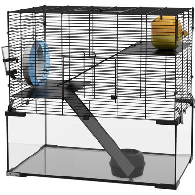 HEAT Cage À Hamster/rongeur À Trois Étages Avec Roue D'Exercice, Rampes, Maisonnette, Biberon Et Gamelle, 60 X 40 X 54,5 Cm (l X L X H), Noire - Publicité HEAT Cage À Hamster/rongeur À Trois Étages Avec Roue D'Exercice, Rampes, Maisonnette, Biberon Et Gamelle, 60 X 40 X 54,5 Cm (l X L X H), Noire - Publicité