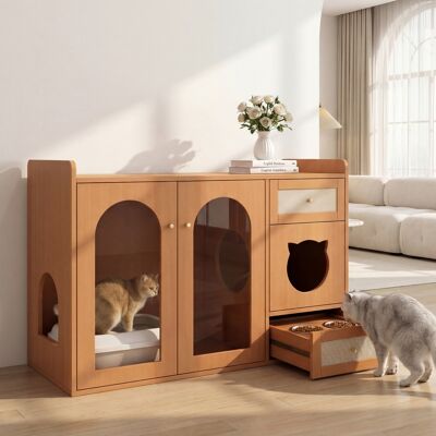 DEVOKO Armoire À Litière 120 X 45 X 83 Cm Couleur Noyer Avec Gamelles Intégrées. Espace De Rangement Dédié - Publicité DEVOKO Armoire À Litière 120 X 45 X 83 Cm Couleur Noyer Avec Gamelles Intégrées. Espace De Rangement Dédié - Publicité