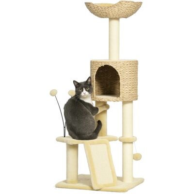 WINS Arbre À Chat 116 Cm Avec Plateforme, Niche, Panier Et Jouets Pompons - Couleur Beige - Publicité WINS Arbre À Chat 116 Cm Avec Plateforme, Niche, Panier Et Jouets Pompons - Couleur Beige - Publicité