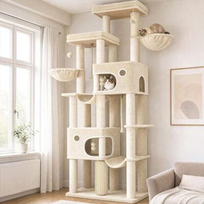 OEM Arbre À Chat Géant 213 Cm – 10 Griffoirs – 2 Plateformes 40x50 Cm – 2 Hamacs – Panier Pour Chats – Beige - Publicité OEM Arbre À Chat Géant 213 Cm – 10 Griffoirs – 2 Plateformes 40x50 Cm – 2 Hamacs – Panier Pour Chats – Beige - Publicité