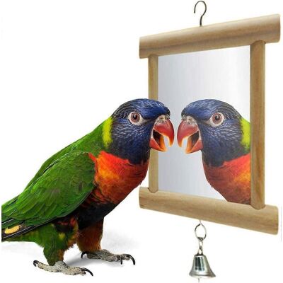 LEDE Miroir À Oiseaux, Double Miroir En Bois Avec Clochette, 10 X 10 Cm - Publicité LEDE Miroir À Oiseaux, Double Miroir En Bois Avec Clochette, 10 X 10 Cm - Publicité