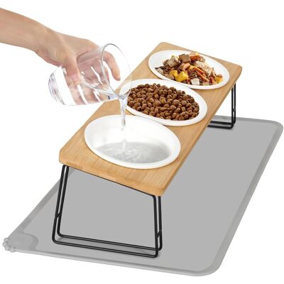 GRASSLIN 1 Support Surélevé, Gamelle Chat, 3 Bols Céramique, Incliné 15°, Bambou Naturel, Pour Chats Et Petits Chiens - Publicité GRASSLIN 1 Support Surélevé, Gamelle Chat, 3 Bols Céramique, Incliné 15°, Bambou Naturel, Pour Chats Et Petits Chiens - Publicité