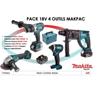 Pack de 4 outils Makita 18 v DDF458DTD152DHR202DGA504 3 batteries 5 Ah makpac - Publicité