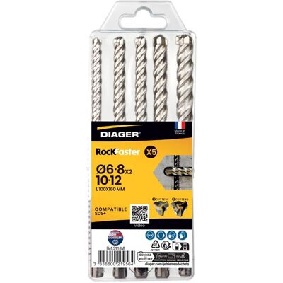 Foret Beton Sds+ Rockfaster (coffret De 5) Diager - Publicité Foret Beton Sds+ Rockfaster (coffret De 5) Diager - Publicité