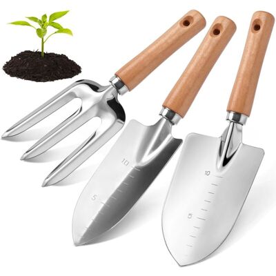 Vision Ensemble D'Outils De Jardinage Avec Manche En Bois, Pelle Graduée En Aluminium, Fourche À Main, Pelle À Transplanter Avec Échelle, Ensemble De 3 Outils À Main Robustes Pour La Plantation De Jardin - Publicité Vision Ensemble D'Outils De Jardinage Avec Manche En Bois, Pelle Graduée En Aluminium, Fourche À Main, Pelle À Transplanter Avec Échelle, Ensemble De 3 Outils À Main Robustes Pour La Plantation De Jardin - Publicité