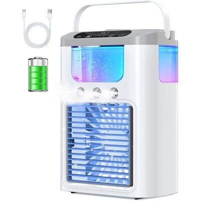 ABCRITAL Mini Climatiseur Portable Avec Batterie 1200 Mah, Réservoir D'Eau De 600 Ml, Ventilateur Et Veilleuse 7 Couleurs, 3 Modes De Brumisation, Rechargeable. Publicité ABCRITAL Mini Climatiseur Portable Avec Batterie 1200 Mah, Réservoir D'Eau De 600 Ml, Ventilateur Et Veilleuse 7 Couleurs, 3 Modes De Brumisation, Rechargeable. Publicité