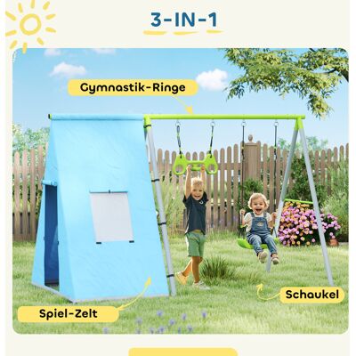 LZAB Portique 3 En 1 Avec Tente De Jeu, Balançoire Et Anneaux De Gymnastique, Structure En Métal Et Plastique, Couleur Vert - Publicité LZAB Portique 3 En 1 Avec Tente De Jeu, Balançoire Et Anneaux De Gymnastique, Structure En Métal Et Plastique, Couleur Vert - Publicité
