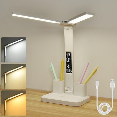 RUNXIZHOU Lampe De Bureau Led À Double Tête, Led Double Bureau Avec Heure Calendrier Température Porte Stylo, Protection De Dimmable Yeux, 3 Luminosité 3 Couleurs,lampe Bureau Pour Bureau, Maison, École - Publicité RUNXIZHOU Lampe De Bureau Led À Double Tête, Led Double Bureau Avec Heure Calendrier Température Porte Stylo, Protection De Dimmable Yeux, 3 Luminosité 3 Couleurs,lampe Bureau Pour Bureau, Maison, École - Publicité