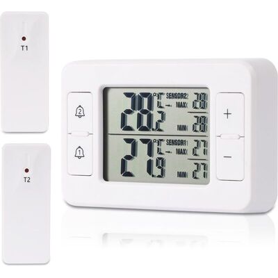 Vision Thermomètre Pour Réfrigérateur Et Congélateur Avec 2 Capteurs Sans Fil, Thermomètre Intérieur/extérieur, Alarme De Température, Min/max, Indicateur De Tendance De Température. Publicité Vision Thermomètre Pour Réfrigérateur Et Congélateur Avec 2 Capteurs Sans Fil, Thermomètre Intérieur/extérieur, Alarme De Température, Min/max, Indicateur De Tendance De Température. Publicité