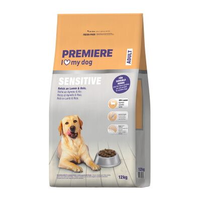 PREMIERE Croquettes Sensitive pour chien adulte Riche en agneau et riz 12 kg - Publicité PREMIERE Croquettes Sensitive pour chien adulte Riche en agneau et riz 12 kg - Publicité