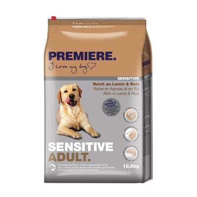 Nourriture pour chiens sensibles au mouton et au riz - PREMIERE Sensitive - Publicité Nourriture pour chiens sensibles au mouton et au riz - PREMIERE Sensitive - Publicité