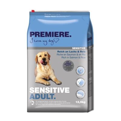 PREMIERE Sensitive Nourriture pour chiens Saumon Riz 12.5KG - Publicité PREMIERE Sensitive Nourriture pour chiens Saumon Riz 12.5KG - Publicité