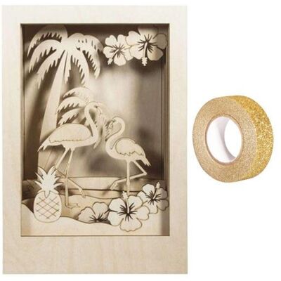 Rayher Cadre bois à motif 3D Flamant 20 x 30 cm + masking tape doré à paillettes 5 m Beige - Publicité Rayher Cadre bois à motif 3D Flamant 20 x 30 cm + masking tape doré à paillettes 5 m Beige - Publicité