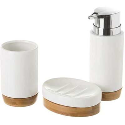 Non communiqué Ensemble d'accessoires salle de bain 3 pièces en céramique/bambou coloris blanc/naturel -JUANIO- Blanc - Publicité Non communiqué Ensemble d'accessoires salle de bain 3 pièces en céramique/bambou coloris blanc/naturel -JUANIO- Blanc - Publicité