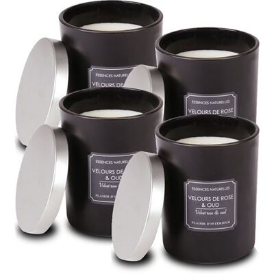 Non communiqué Lot de 4 bougie parfumée en velours rose et oud, bougie en cire naturelle, bougie 2 mèches en pot noir avec couvercle chromé - Diamètre 10 x Hauteur 12 cm- JUANIO - - Publicité Non communiqué Lot de 4 bougie parfumée en velours rose et oud, bougie en cire naturelle, bougie 2 mèches en pot noir avec couvercle chromé - Diamètre 10 x Hauteur 12 cm- JUANIO - - Publicité