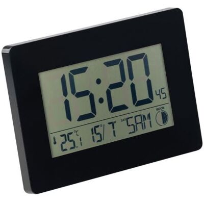 Horloge radio pilotée noire - Température et date - Publicité Horloge radio pilotée noire - Température et date - Publicité