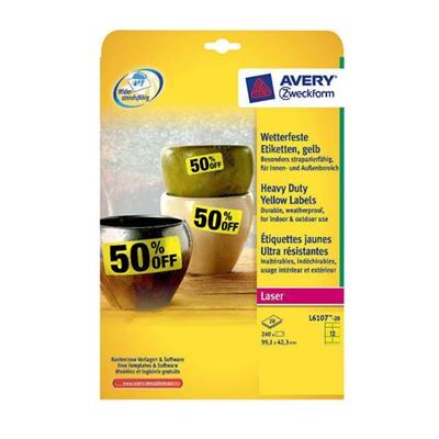 Étiquettes en polyester Avery L6107 pour imprimantes laser - Publicité Étiquettes en polyester Avery L6107 pour imprimantes laser - Publicité