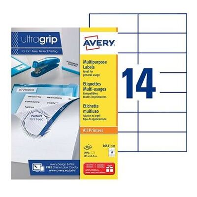 Avery Zweckform 3653 - Papier - adhésif permanent - blanc - 105 x 42.3 mm 1400 étiquette(s) (100 feuille(s) x 14 étiquettes multi-emploi - Publicité Avery Zweckform 3653 - Papier - adhésif permanent - blanc - 105 x 42.3 mm 1400 étiquette(s) (100 feuille(s) x 14 étiquettes multi-emploi - Publicité