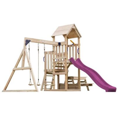 Tour de jeu violette AXI avec toboggan et balançoire - Publicité Tour de jeu violette AXI avec toboggan et balançoire - Publicité