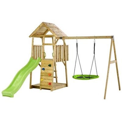 Non communiqué KANGUI Aire de jeux portique en bois WOODI Double balançoire et nid Ø100cm, toboggan, mur d'escalade, bac a sable, cabane, échelle Marron - Publicité Non communiqué KANGUI Aire de jeux portique en bois WOODI Double balançoire et nid Ø100cm, toboggan, mur d'escalade, bac a sable, cabane, échelle Marron - Publicité