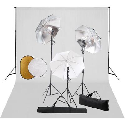 Non communiqué vidaXL Fotostudioset met lampen, paraplu's, achtergrond en reflector3067093 Blanc - Publicité Non communiqué vidaXL Fotostudioset met lampen, paraplu's, achtergrond en reflector3067093 Blanc - Publicité