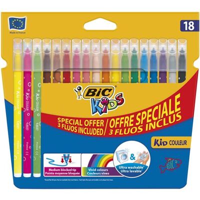 Etui de 15 feutres Bic Kids Couleur avec 3 feutres Bic Fluo - Publicité Etui de 15 feutres Bic Kids Couleur avec 3 feutres Bic Fluo - Publicité