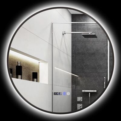 Non communiqué Miroir LED rond salle de bain Ø 70 cm - luminosité réglable, fonction anti-buée, tactile, affichage heure-température - métal noir Noir - Publicité Non communiqué Miroir LED rond salle de bain Ø 70 cm - luminosité réglable, fonction anti-buée, tactile, affichage heure-température - métal noir Noir - Publicité