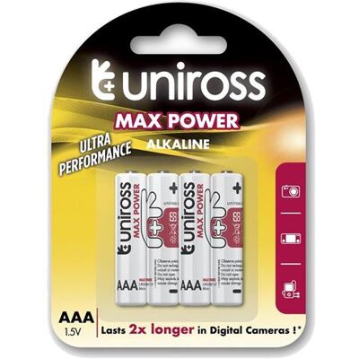 Non communiqué UNIROSS Pack de 4 Piles Alcalines AAA-LR03 Max Power High Tech 1,5V - Publicité Non communiqué UNIROSS Pack de 4 Piles Alcalines AAA-LR03 Max Power High Tech 1,5V - Publicité