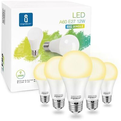 Non communiqué Aigostar - Lot de 5 ampoules LED A60 E27 (grosse vis), 12W. Lumière couleur chaude 3000K, 984 lm. Grand angle 280º. Non dimmable. A+ Couleur - Publicité Non communiqué Aigostar - Lot de 5 ampoules LED A60 E27 (grosse vis), 12W. Lumière couleur chaude 3000K, 984 lm. Grand angle 280º. Non dimmable. A+ Couleur - Publicité