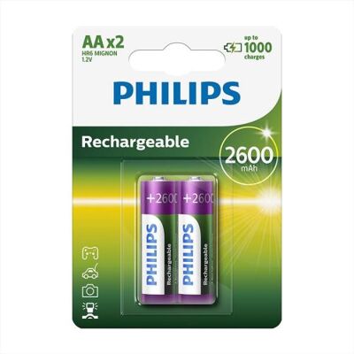 Pack de 2 piles rechargeable Philips AA LR6 2600 mAh - Publicité Pack de 2 piles rechargeable Philips AA LR6 2600 mAh - Publicité