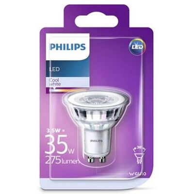 Philips Ampoule LED GU10 3,5W/35W - 275lm - 4000K - Blanc froid blanc - Publicité Philips Ampoule LED GU10 3,5W/35W - 275lm - 4000K - Blanc froid blanc - Publicité