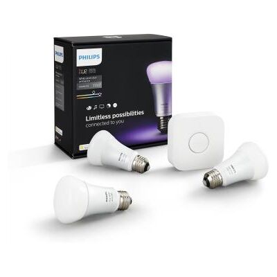 Kit de démarrage 3 ampoules Philips Hue White and Color E27 + pont de connexion Hue Bridge 2ème génération - Publicité Kit de démarrage 3 ampoules Philips Hue White and Color E27 + pont de connexion Hue Bridge 2ème génération - Publicité