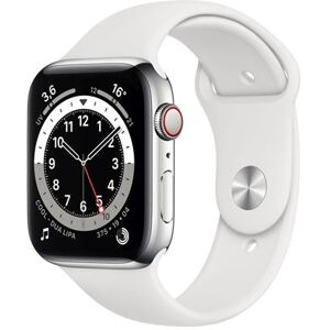 Apple Watch Series 6 (GPS + Cellular) - 44 mm - acier inoxydable argent - montre intelligente avec bande sport - fluoroélastomère - blanc - taille du bracelet : S/M/L - 32 Go - Wi-Fi, Bluetooth - 4G - 47.1 g - Publicité