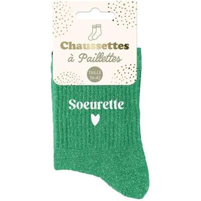 Non communiqué Chaussettes - Femme - Vert avec paillettes - Sœurette - Taille 36/42 - Humour - Cadeau - Publicité Non communiqué Chaussettes - Femme - Vert avec paillettes - Sœurette - Taille 36/42 - Humour - Cadeau - Publicité