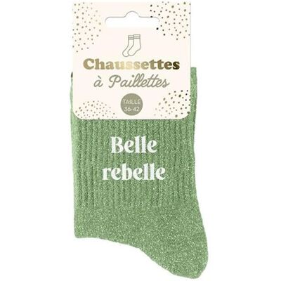 Non communiqué Chaussettes - Femme - Vert avec paillettes - Belle rebelle - Taille 36/42 - Humour - Cadeau - Publicité Non communiqué Chaussettes - Femme - Vert avec paillettes - Belle rebelle - Taille 36/42 - Humour - Cadeau - Publicité