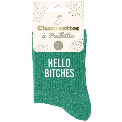 Non communiqué Chaussettes - Femme - Vert avec paillettes - Hello Bitches - Taille 36/42 - Humour - Cadeau - Publicité Non communiqué Chaussettes - Femme - Vert avec paillettes - Hello Bitches - Taille 36/42 - Humour - Cadeau - Publicité