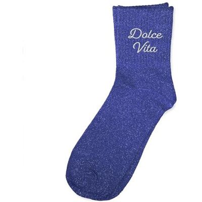 Non communiqué Chaussettes - Femme - Bleu avec paillettes - Brodées - Dolce vita - Taille 36/42 - Humour - Cadeau - Publicité Non communiqué Chaussettes - Femme - Bleu avec paillettes - Brodées - Dolce vita - Taille 36/42 - Humour - Cadeau - Publicité
