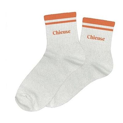 Non communiqué Chaussettes - Femme - Blanc avec paillettes avec bandes orange - Chieuse - Taille 36/42 - Publicité Non communiqué Chaussettes - Femme - Blanc avec paillettes avec bandes orange - Chieuse - Taille 36/42 - Publicité