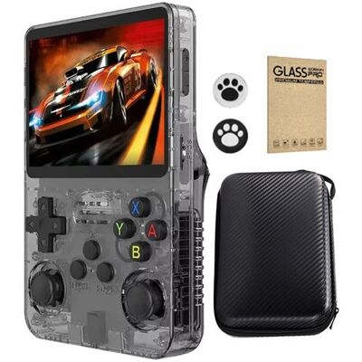 Console portable rétro SZSMART R36S 3,5" IPS 128 Go système ouvert 28+ émulateurs 40000+ jeux coques griffes de chat + boîtier fibre carbone - Noir - Publicité Console portable rétro SZSMART R36S 3,5" IPS 128 Go système ouvert 28+ émulateurs 40000+ jeux coques griffes de chat + boîtier fibre carbone - Noir - Publicité