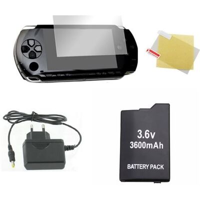 Pack Démarrage PSP FAT 1000 1004 : Chargeur Secteur, Batterie Haute Capacité et Film de Protection écran - Straße Game ® Noir - Publicité Pack Démarrage PSP FAT 1000 1004 : Chargeur Secteur, Batterie Haute Capacité et Film de Protection écran - Straße Game ® Noir - Publicité