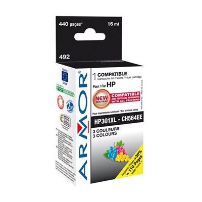 Armor - 16 ml - couleur (cyan, magenta, jaune) - compatible - cartouche d'encre (alternative pour : HP 301XL) - pour HP DeskJet 1000, 1010, 1050 AiO, 1050A AiO, 1510 AiO, 2000, 2050 AiO, 2050A AiO, 2510 AiO, 2540 AiO, 3000, 3050 AiO, 3050A eAiO, 3510 eAi - Publicité Armor - 16 ml - couleur (cyan, magenta, jaune) - compatible - cartouche d'encre (alternative pour : HP 301XL) - pour HP DeskJet 1000, 1010, 1050 AiO, 1050A AiO, 1510 AiO, 2000, 2050 AiO, 2050A AiO, 2510 AiO, 2540 AiO, 3000, 3050 AiO, 3050A eAiO, 3510 eAi - Publicité