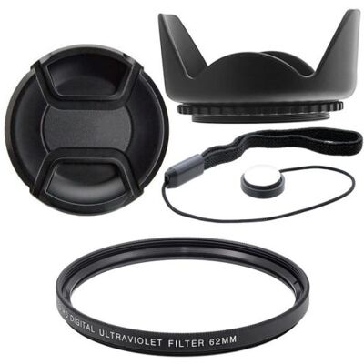 Xit Kit 62mm Pare Soleil et Lens Cap + Filtre UV et Dragonne pour NIKKOR, Nikon, Fujinon, Sony - Publicité Xit Kit 62mm Pare Soleil et Lens Cap + Filtre UV et Dragonne pour NIKKOR, Nikon, Fujinon, Sony - Publicité