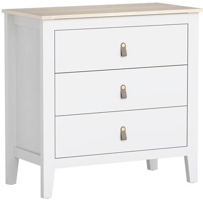 Non communiqué Commode 3 tiroirs sur pieds dim. 80 x 40 x 78 cm poignées PU métal doré blanc effet bois clair Blanc - Publicité Non communiqué Commode 3 tiroirs sur pieds dim. 80 x 40 x 78 cm poignées PU métal doré blanc effet bois clair Blanc - Publicité