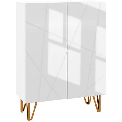 Non communiqué Meuble à chaussures style Art déco 2 portes 5 niveaux piètement épingle acier doré façade laquée blanc Blanc - Publicité Non communiqué Meuble à chaussures style Art déco 2 portes 5 niveaux piètement épingle acier doré façade laquée blanc Blanc - Publicité