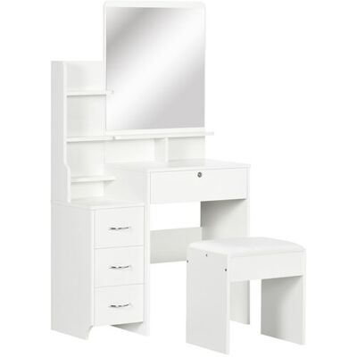 Non communiqué Ensemble coiffeuse tabouret design contemporain multi-rangement 4 tiroirs 4 étagères grand miroir blanc Blanc - Publicité Non communiqué Ensemble coiffeuse tabouret design contemporain multi-rangement 4 tiroirs 4 étagères grand miroir blanc Blanc - Publicité